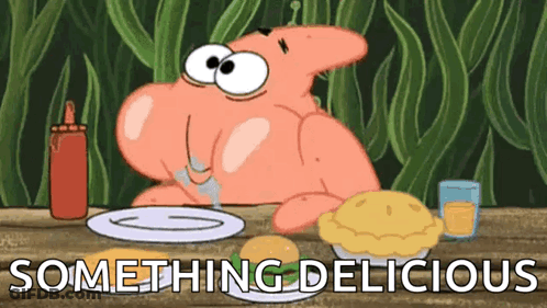 Patrick Star Sitting At Table With Something Delicious GIF