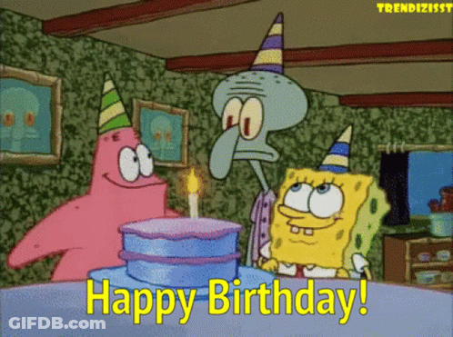 Patrick Star Squidward And Spongebob Are Celebrating A Birthday With A Cake GIF