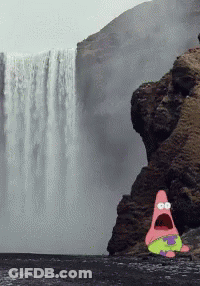 Patrick Star Standing In Front Of Waterfall GIF