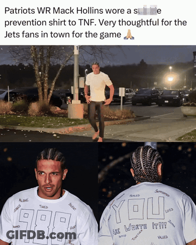 Patriots WR Mack Hollins Wearing Suicide Prevention Shirt To TNF GIF