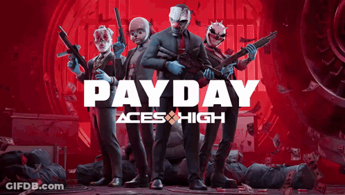 Payday Aces High Poster Men In Suits Masks Holding Guns GIF