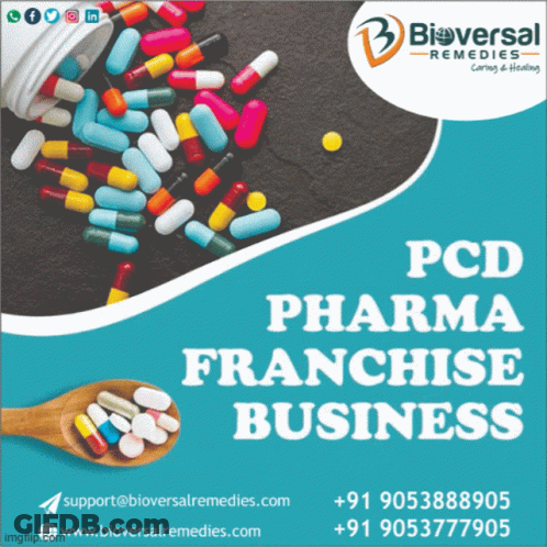 PCD Pharma Franchise Poster With Wooden Spoon Of Pills GIF