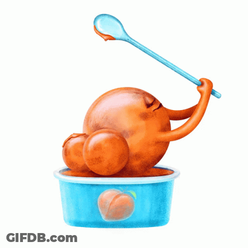 Peach With Arms Holding Spoon Over Bowl GIF