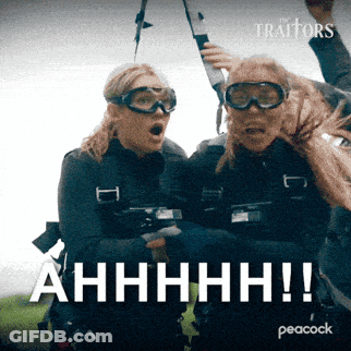 Peacock Ad For The Traitors Two Women Jumping GIF