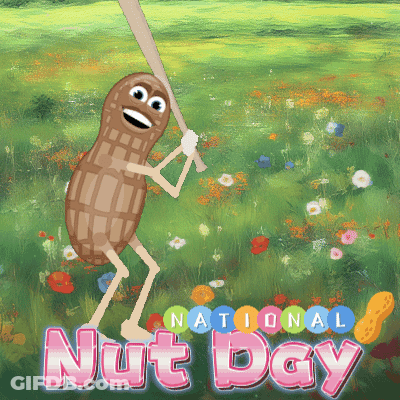 Peanut Holding Baseball Bat Saying National Nut Day GIF