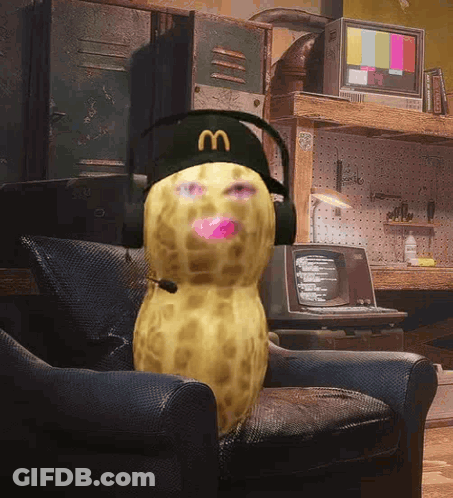 Peanut Wearing McDonald's Hat And Headphones GIF