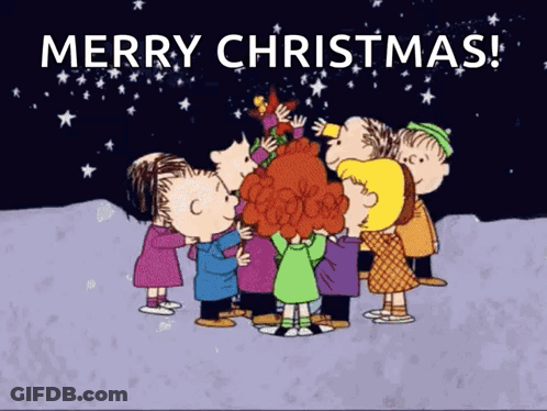 Peanuts Characters Around Christmas Tree GIF