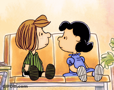 Peanuts Characters Charlie Brown And Lucy Brown Are Sitting Next To Each Other On A Bench GIF