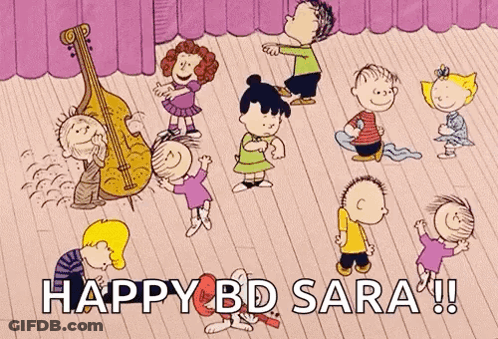 Peanuts Characters Dancing Happy Birthday Sara GIF