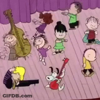 Peanuts Characters Dancing While Snoopy Plays Guitar GIF