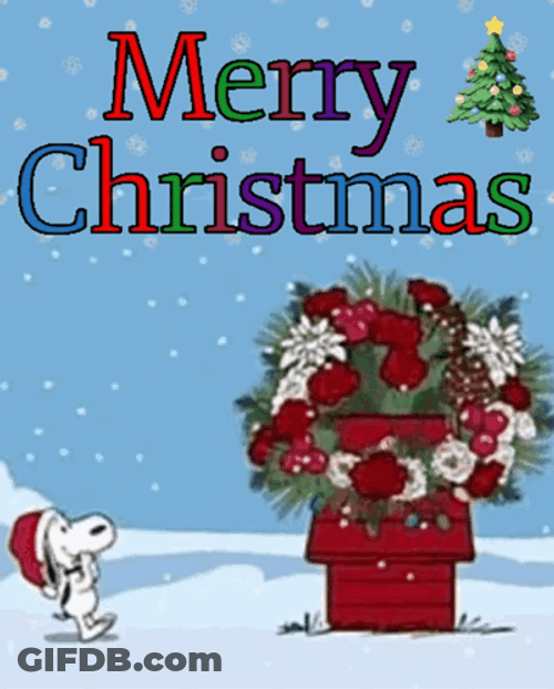 Peanuts Merry Christmas Snoopy With Decorated Dog House GIF