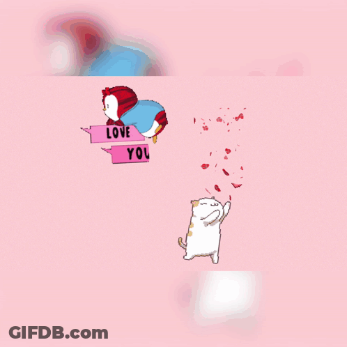 Penguin And Cat Surrounded By Hearts Saying Love You So Much GIF