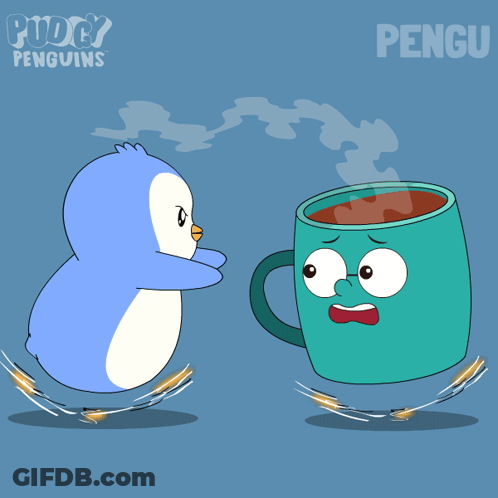 Penguin And Coffee Cup Saying Puddy Penguins GIF