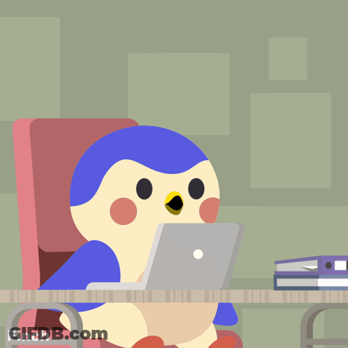 Penguin At Desk With Laptop Finch GIF