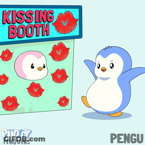 Penguin At Kissing Booth With Red Lips GIF