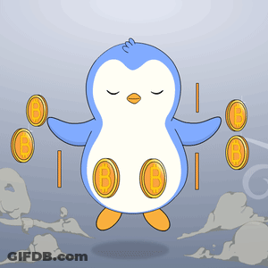 Penguin Balancing Coins With Letter B GIF