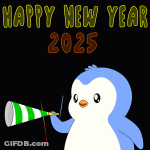Penguin Blowing Party Horn With Happy New Year 2025 Fireworks GIF