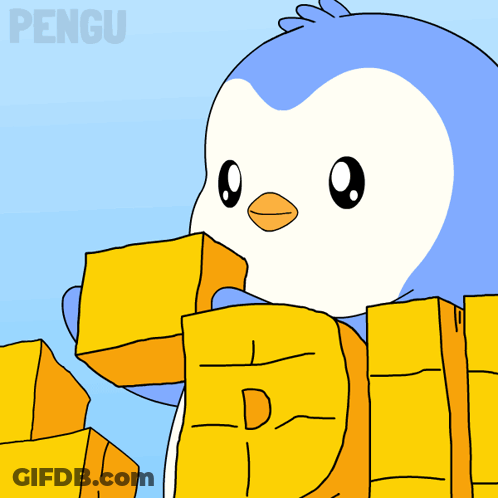 Penguin Building Word Trust With Yellow Bricks GIF