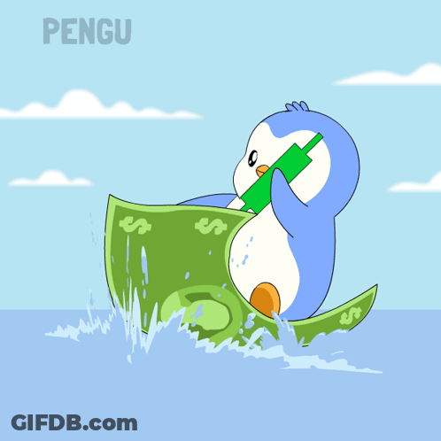 Penguin Carrying Dollar Bill With Word Pengu GIF