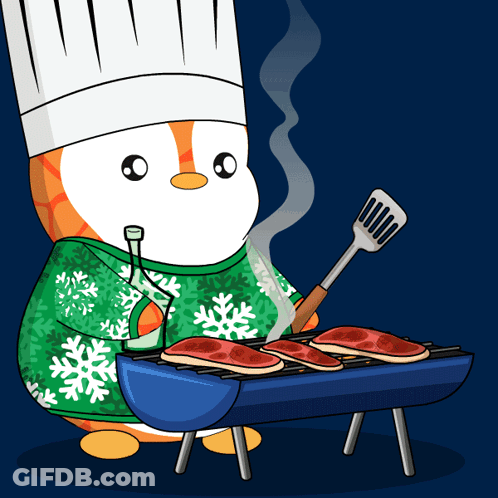 Penguin Chef Grilling Steaks GIF