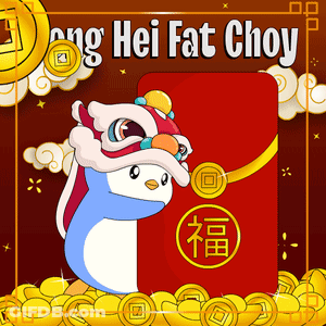 Penguin Dancing In Front Of Red Envelope Saying Hong Hei Fat Choy GIF