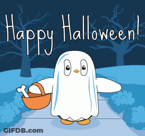 Penguin Dressed As Ghost Holding Trick Or Treat Bag GIF