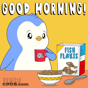Penguin Drinking Coffee Next To Fish Flakes GIF