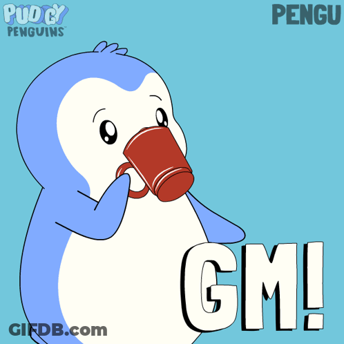 Penguin Drinking From Red Cup Saying Gm GIF