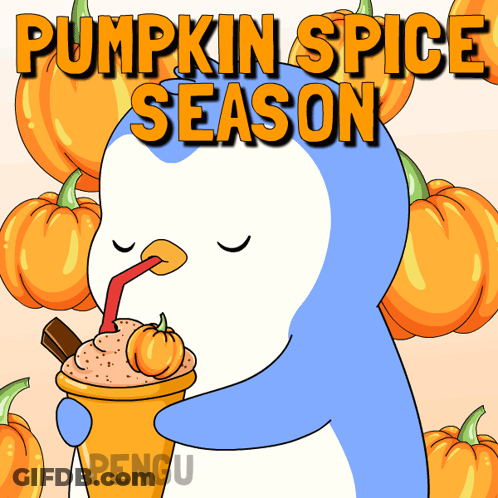 Penguin Drinking Milkshake With Pumpkins GIF