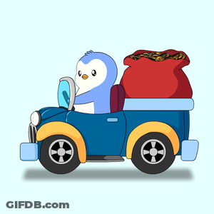 Penguin Driving Blue Car With Gold Bag GIF