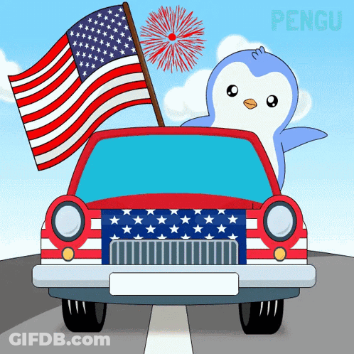 Penguin Driving Car With American Flag GIF