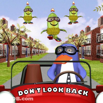 Penguin Driving Red Car With Don't Look Back GIF