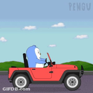 Penguin Driving Red Jeep With Word Pengu GIF
