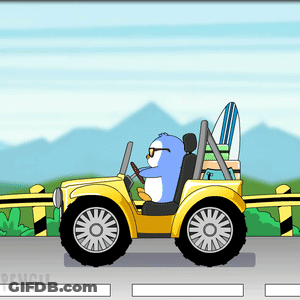 Penguin Driving Yellow Car With Surfboard GIF
