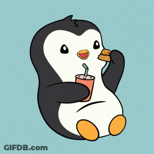 Penguin Eating Hamburger And Drinking Soda Through Straw GIF