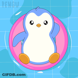 Penguin Floating On Pink Inflatable Ring GIF