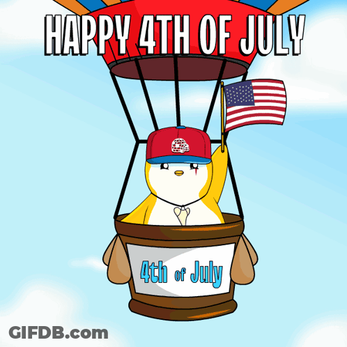 Penguin Flying In Hot Air Balloon Happy 4Th Of July GIF