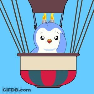Penguin Flying In Hot Air Balloon With Word Pengu GIF