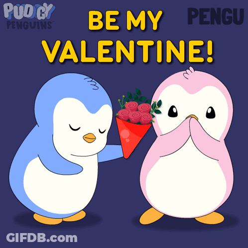 Penguin Giving Roses Saying Be My Valentine GIF