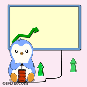 Penguin Holding Air Pump In Front Of Chart Arrow Up GIF