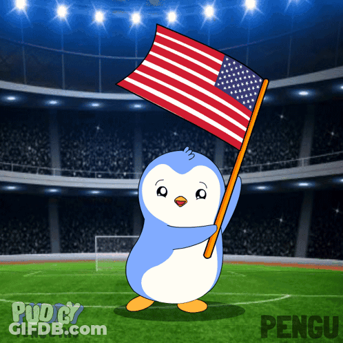 Penguin Holding American Flag With Stadium GIF