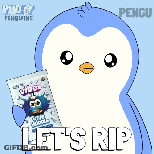 Penguin Holding Bag Of Vibes Candy GIF