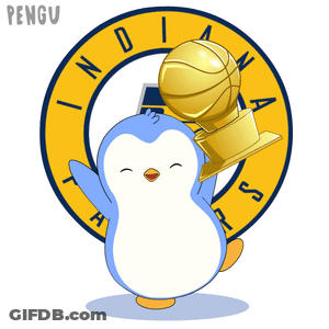 Penguin Holding Basketball Trophy In Front Of Indiana Pacers Logo GIF