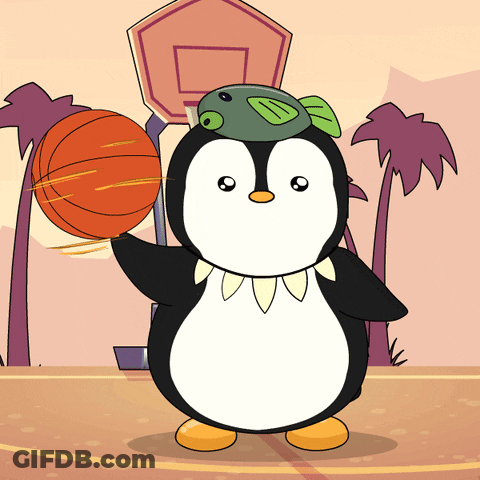 Penguin Holding Basketball With Fish On Head GIF