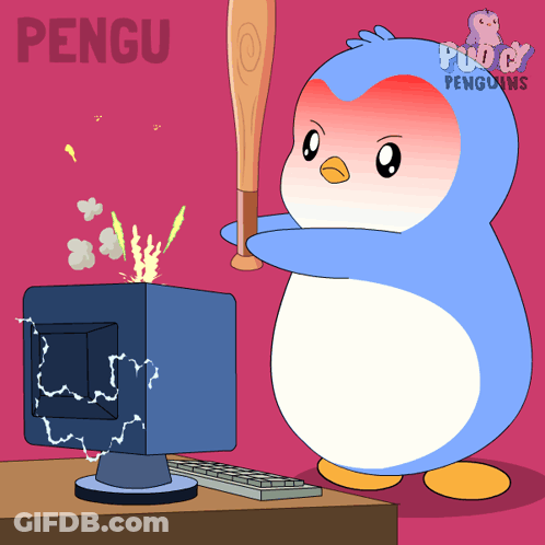 Penguin Holding Bat In Front Of Computer Screen With Word Pengu GIF