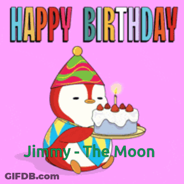 Penguin Holding Birthday Cake For Jimmy The Moon GIF