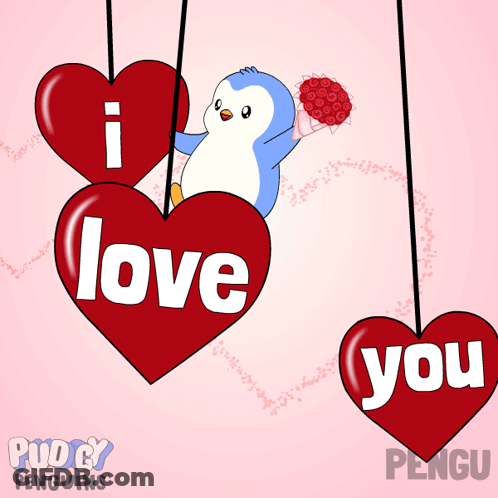 Penguin Holding Bouquet Hanging From Heart I Love You GIF