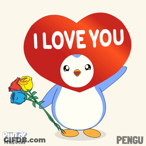 Penguin Holding Bouquet Of Roses And Heart Saying I Love You GIF