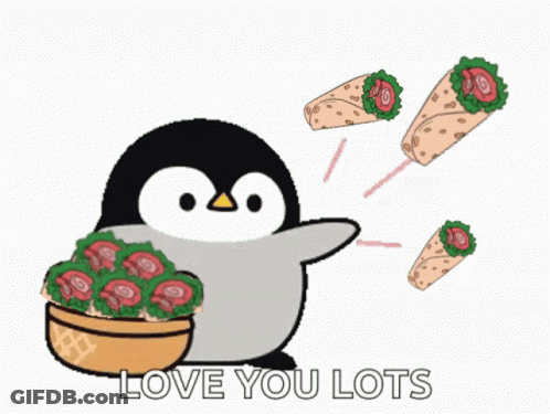Penguin Holding Bowl Of Flowers Saying Love You Lots GIF