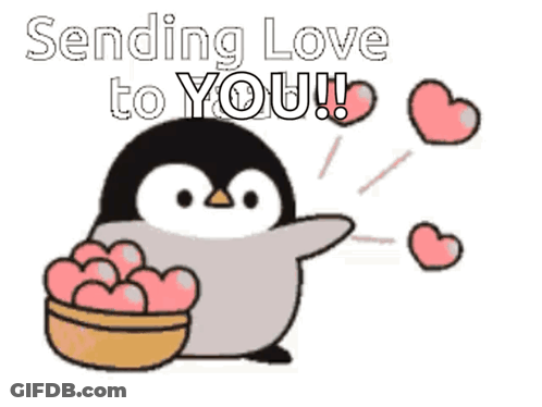 Penguin Holding Bowl Of Hearts Sending Love To You GIF